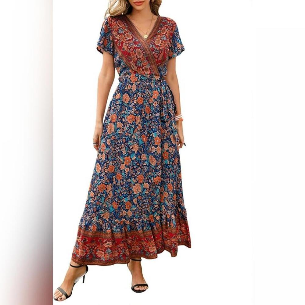 NWT ZESICA Bohemian Floral Printed Wrap V Neck Short Sleeve Split Dress, XL